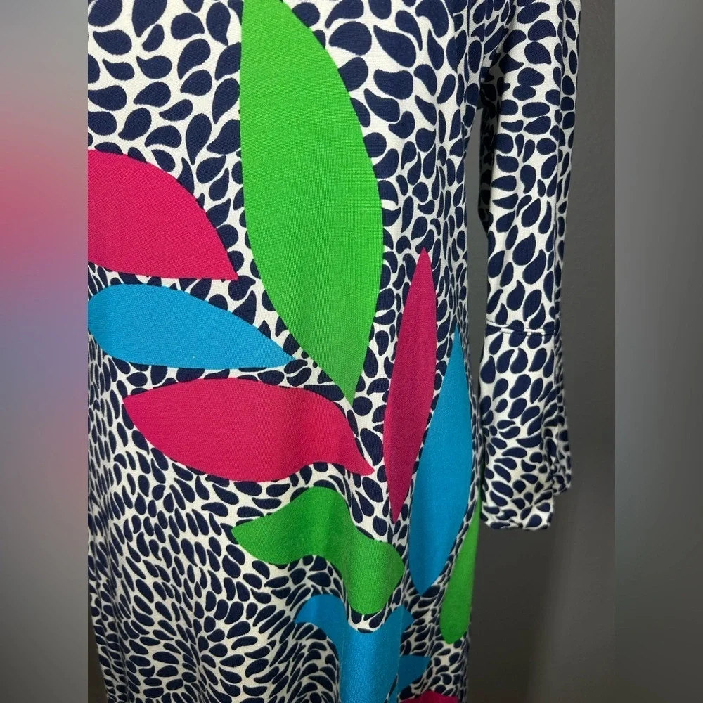 Lilly Pulitzer Angie Shift Dress Navy White Pink Green Leaf Pattern Midi Size M
